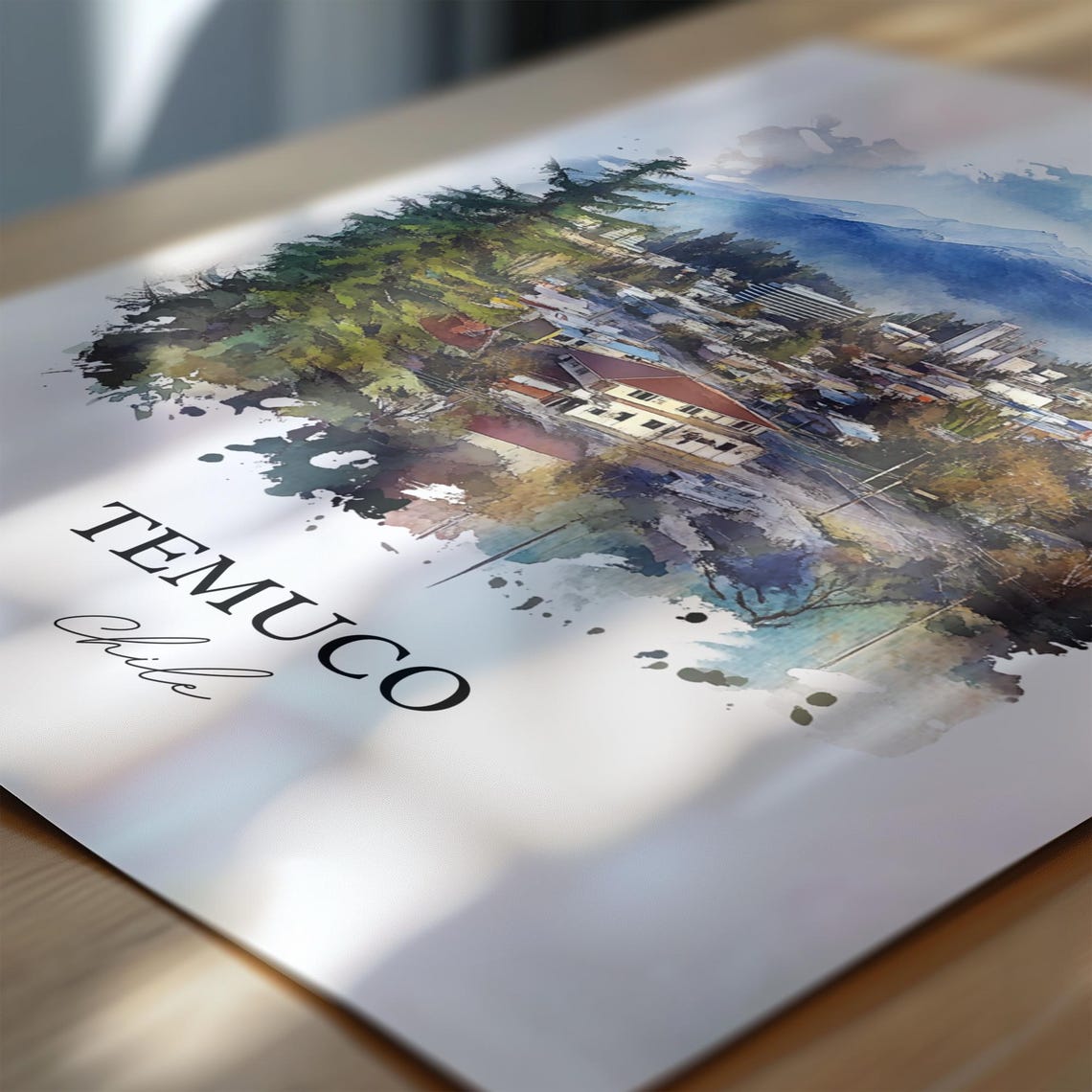 Temuco Chile Watercolor City Snowy Mountain Peaks Scenic Poster - Image 6