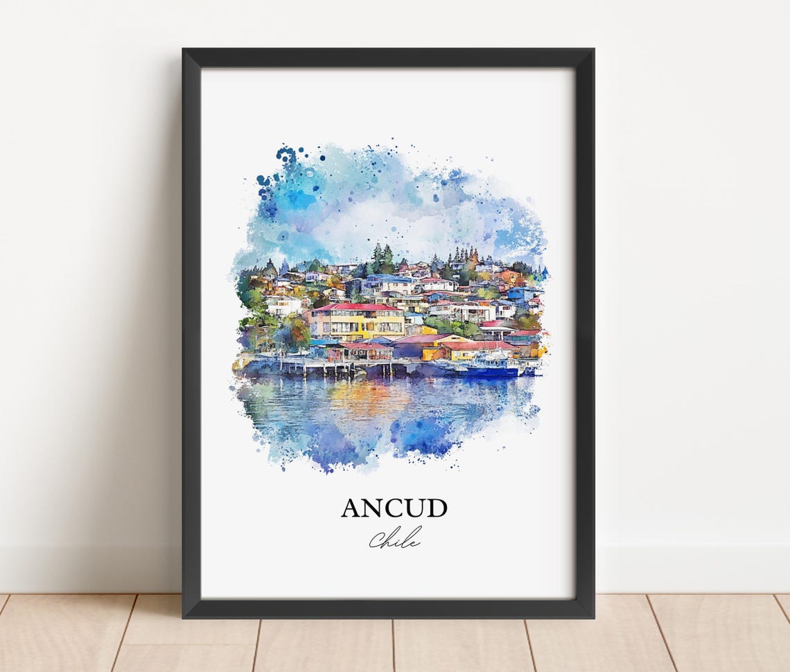 Ancud Chile Watercolor Chiloe Waterfront Town Reflection Travel Poster - Image 4