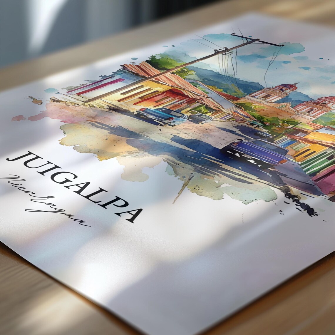 Juigalpa Nicaragua Colorful Street Twin Tower Church Watercolor Poster - Image 5