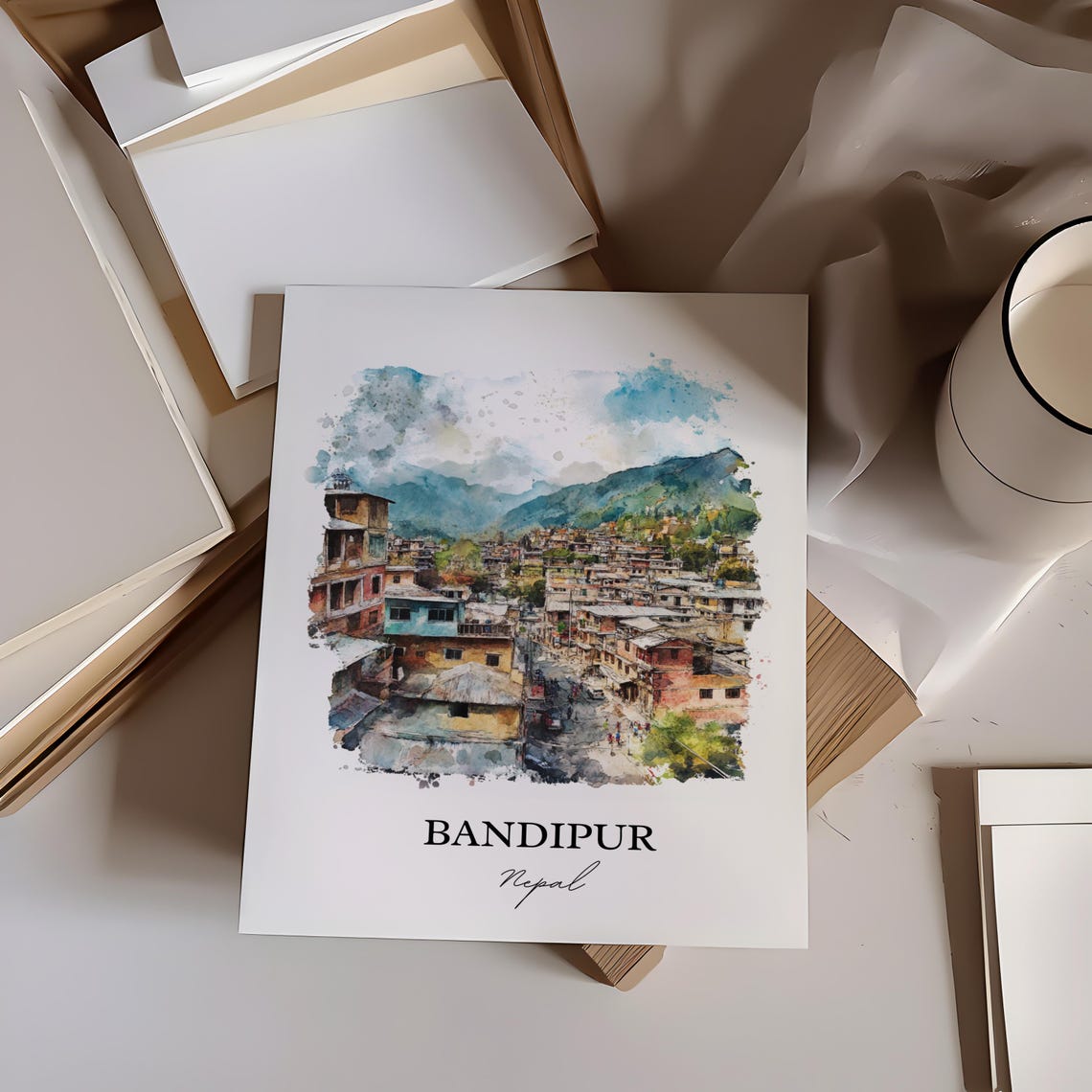 Bandipur Nepal Watercolor Historic Hill Town Mountain View Poster - Image 2