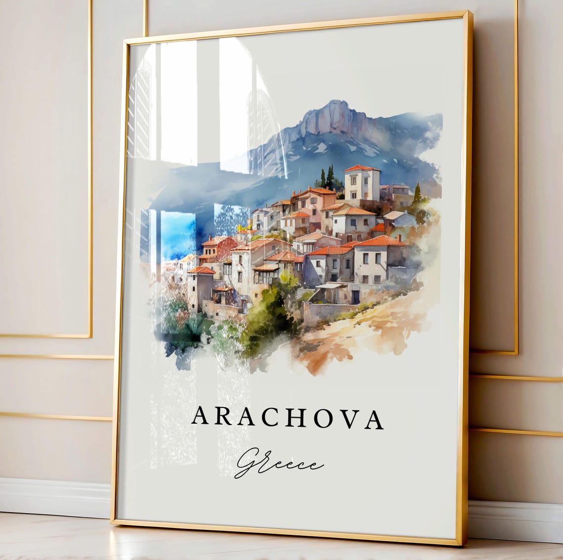 Arachova Greece Mountain Village Watercolor Hillside Town Poster - Image 3