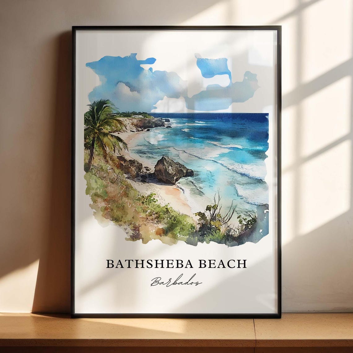 Bathsheba Beach Barbados Watercolor Atlantic Surf Rocks Palms Poster