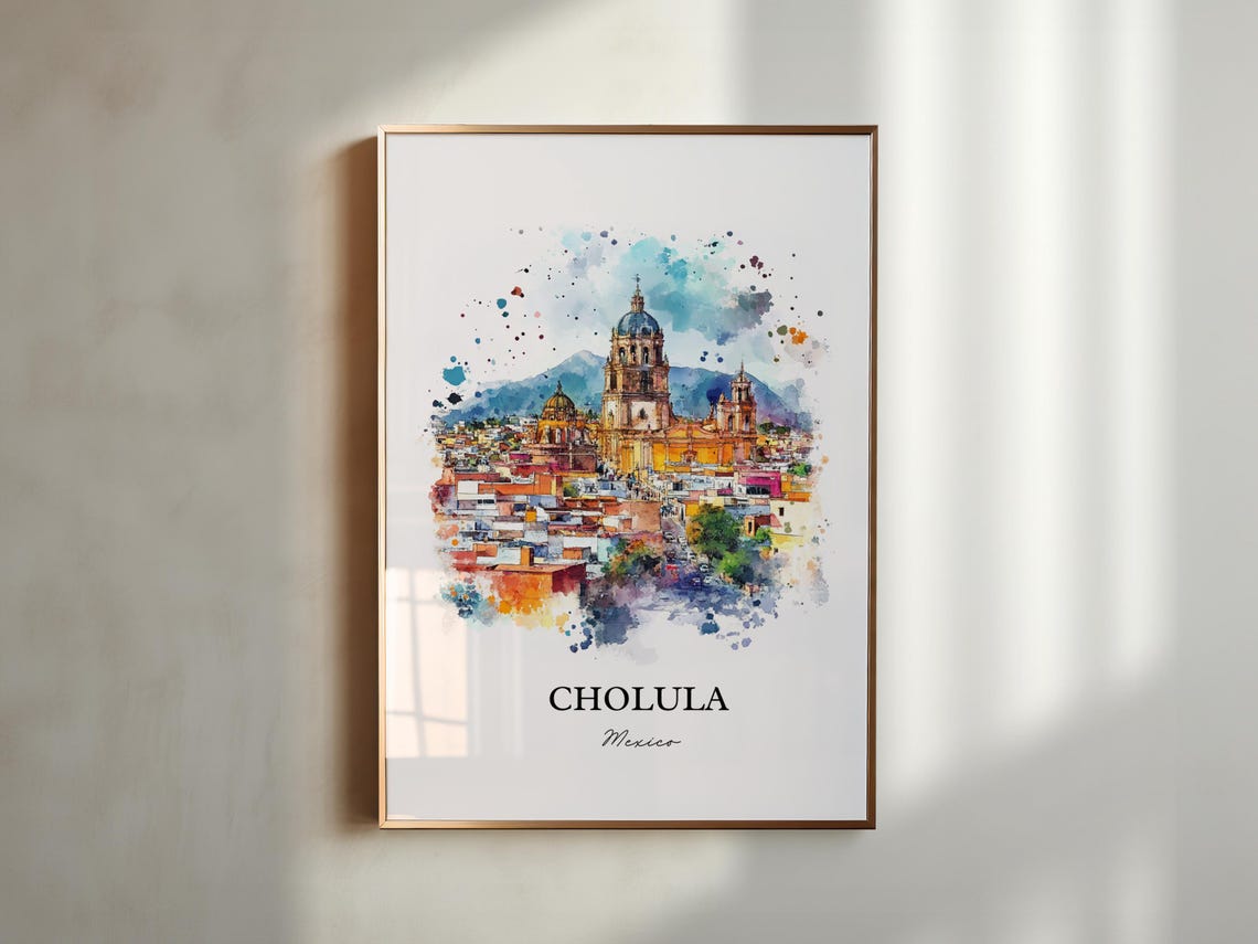 Cholula Mexico Twin Domed Cathedral Watercolor City View Poster - Image 5