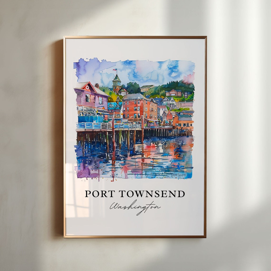 Port Townsend Washington Watercolor Waterfront Pier Scene Poster