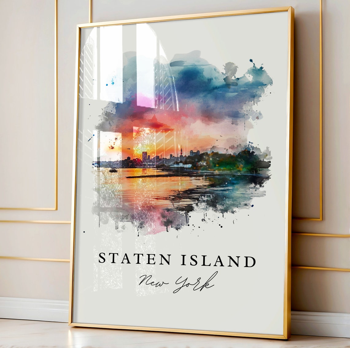 Staten Island New York Watercolor Sunset Skyline Harbor Poster - Image 4