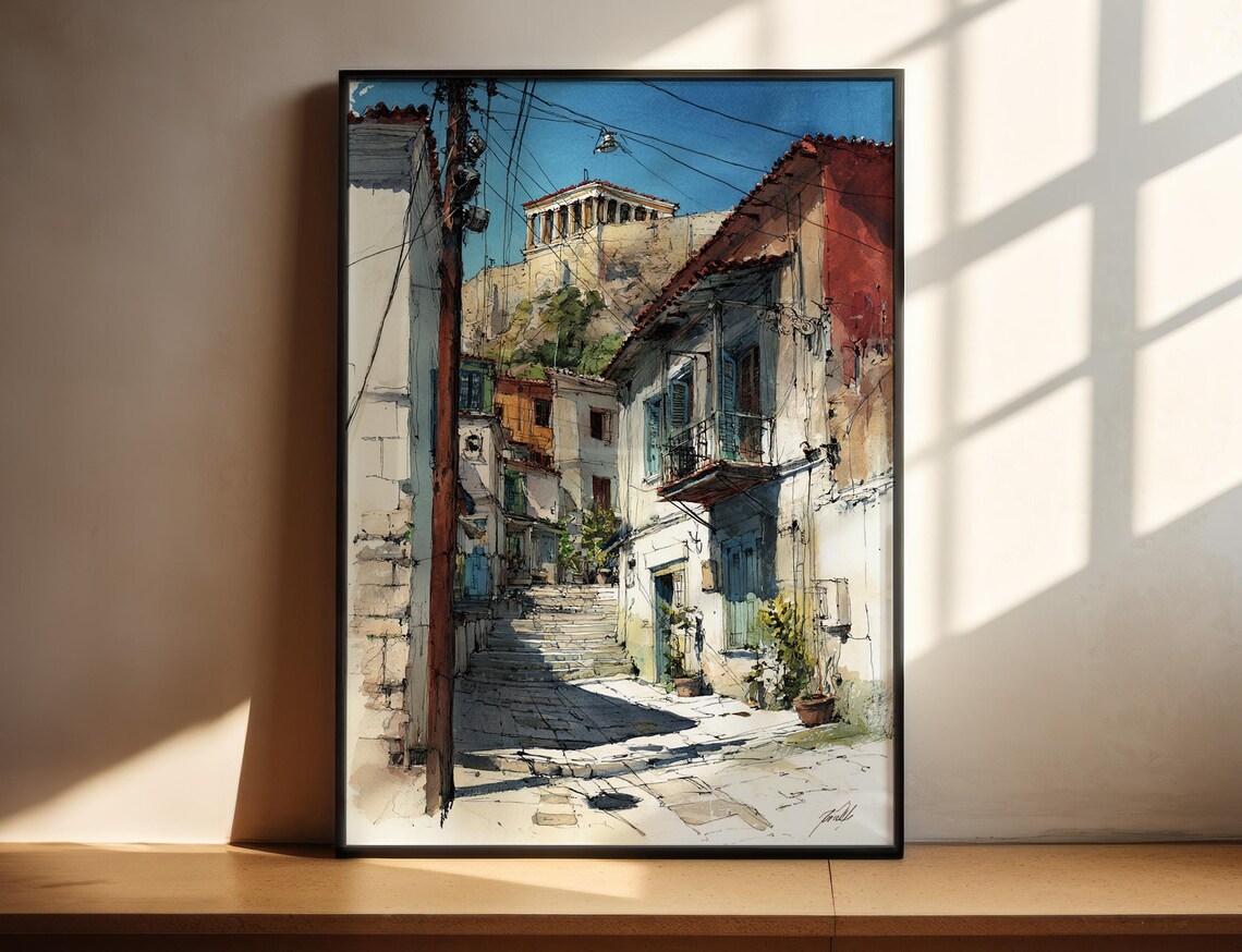 Athens Greece Watercolor Acropolis Old Town Street Travel Poster