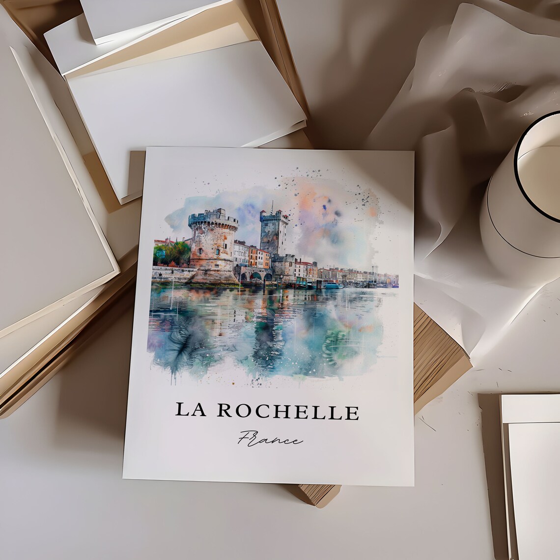 La Rochelle France Watercolor Harbor Towers Historic Port Poster - Image 6