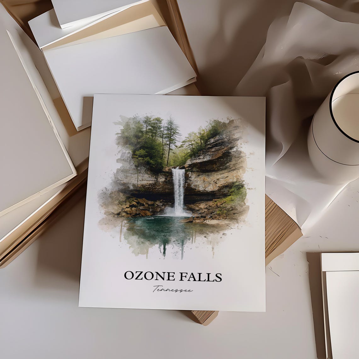 Ozone Falls Tennessee Teal Pool Plunge Cascade Watercolor Poster - Image 2