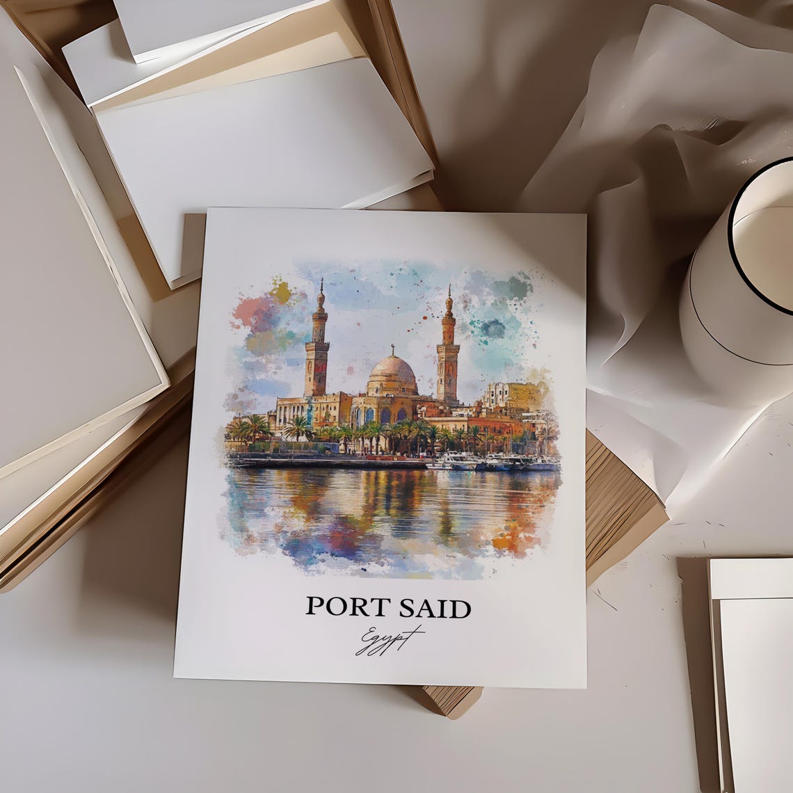 Port Said Egypt Waterfront Mosque Skyline Watercolor Art Poster - Image 6