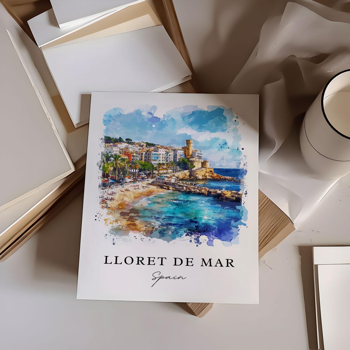 Lloret de Mar Spain Beach and Castle Coast Watercolor Poster - Image 6