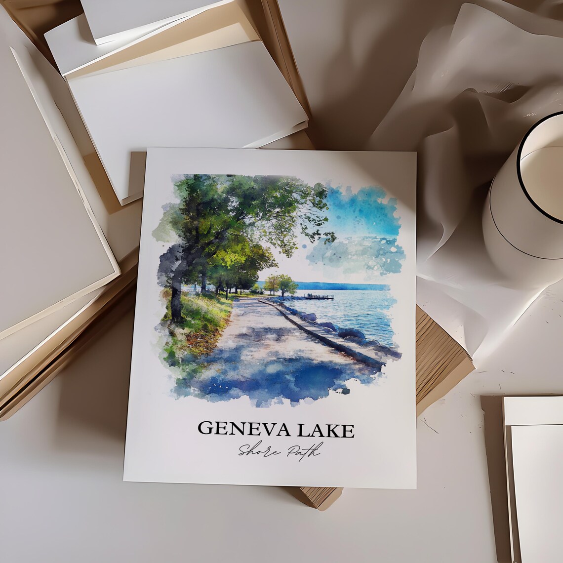 Geneva Lake Wisconsin Shore Path Watercolor Lakeside Walk Poster - Image 2