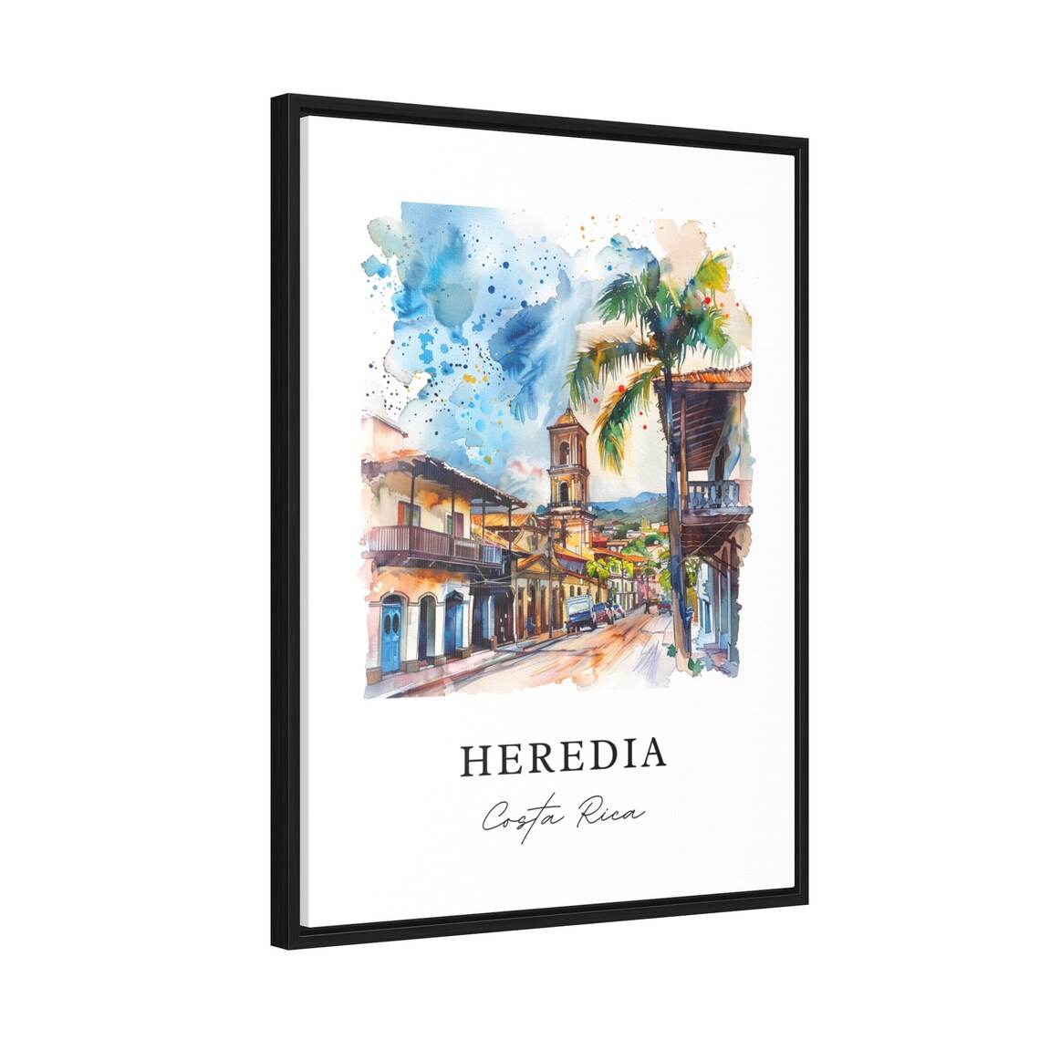 Heredia Costa Rica Colonial Street Church Tower Watercolor Poster - Image 2