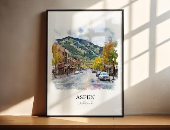 Aspen Colorado Autumn Downtown Watercolor Ski Mountain Travel Poster