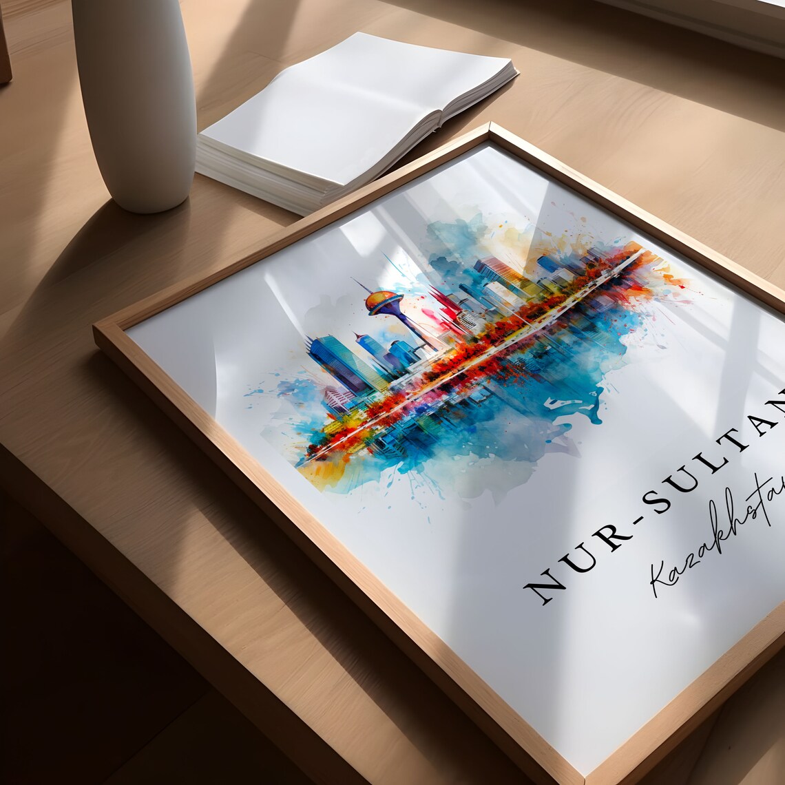 Nur Sultan Kazakhstan Watercolor Modern Skyline Golden Sphere Tower Poster - Image 6