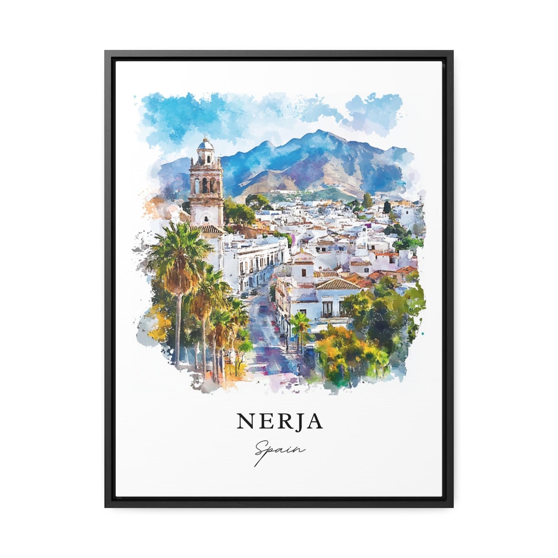 Nerja Spain White Town Watercolor Mountain Street Travel Art Poster - Image 2
