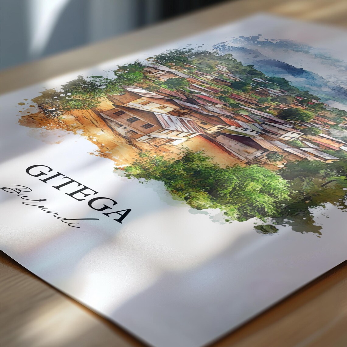 Gitega Burundi African Watercolor Hillside Village Art Poster - Image 3