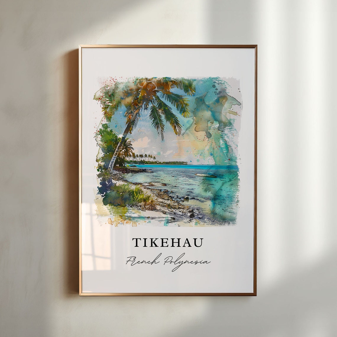 Tikehau French Polynesia Palm Beach Lagoon Watercolor Travel Poster