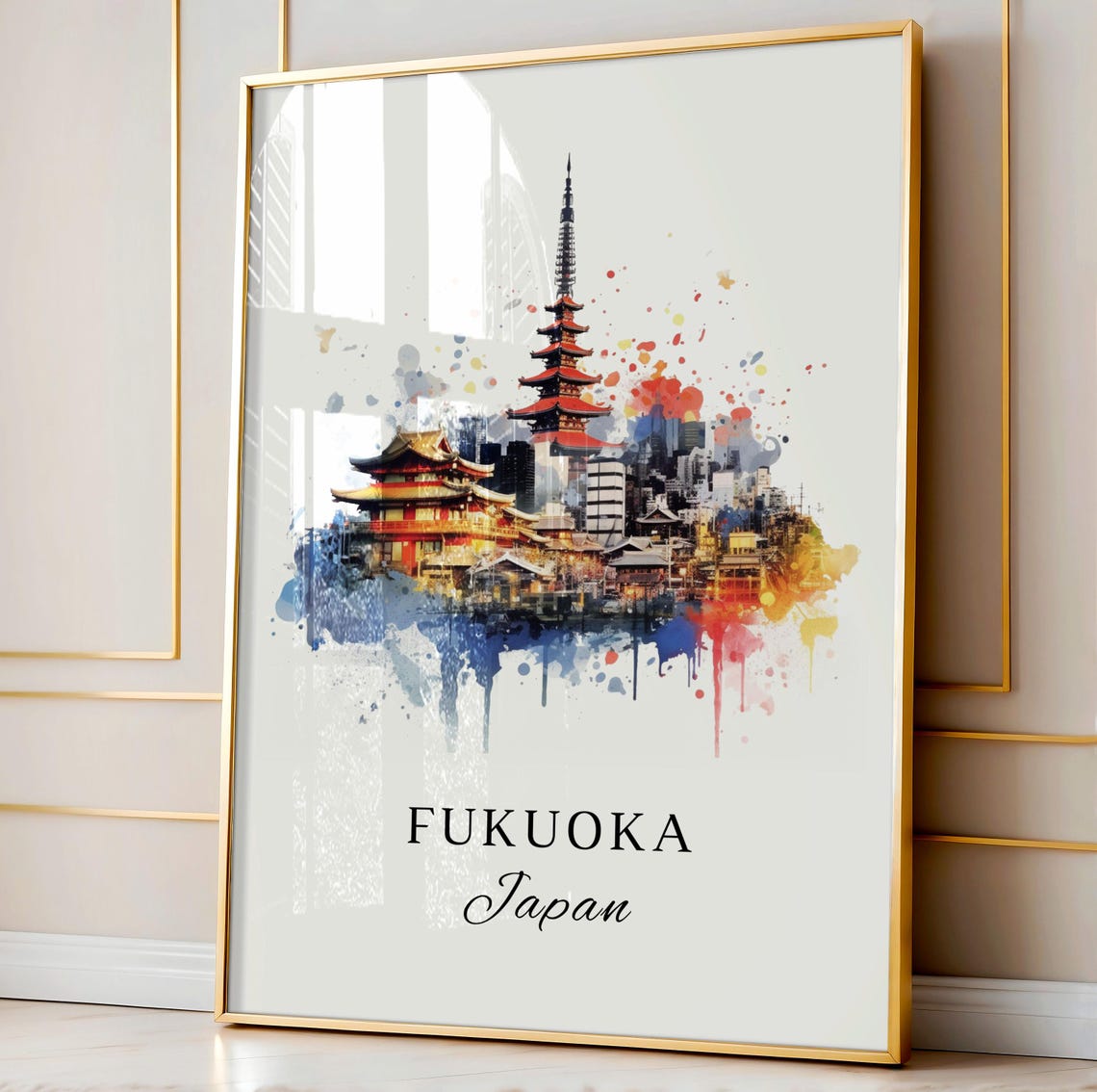 Fukuoka Japan Watercolor Five Story Pagoda Temple Cityscape Poster