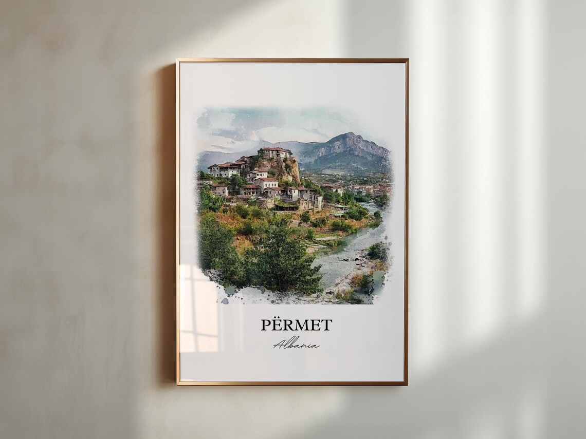 Permet Albania Hilltop Old Town Watercolor Skyline Travel Art Poster - Image 2
