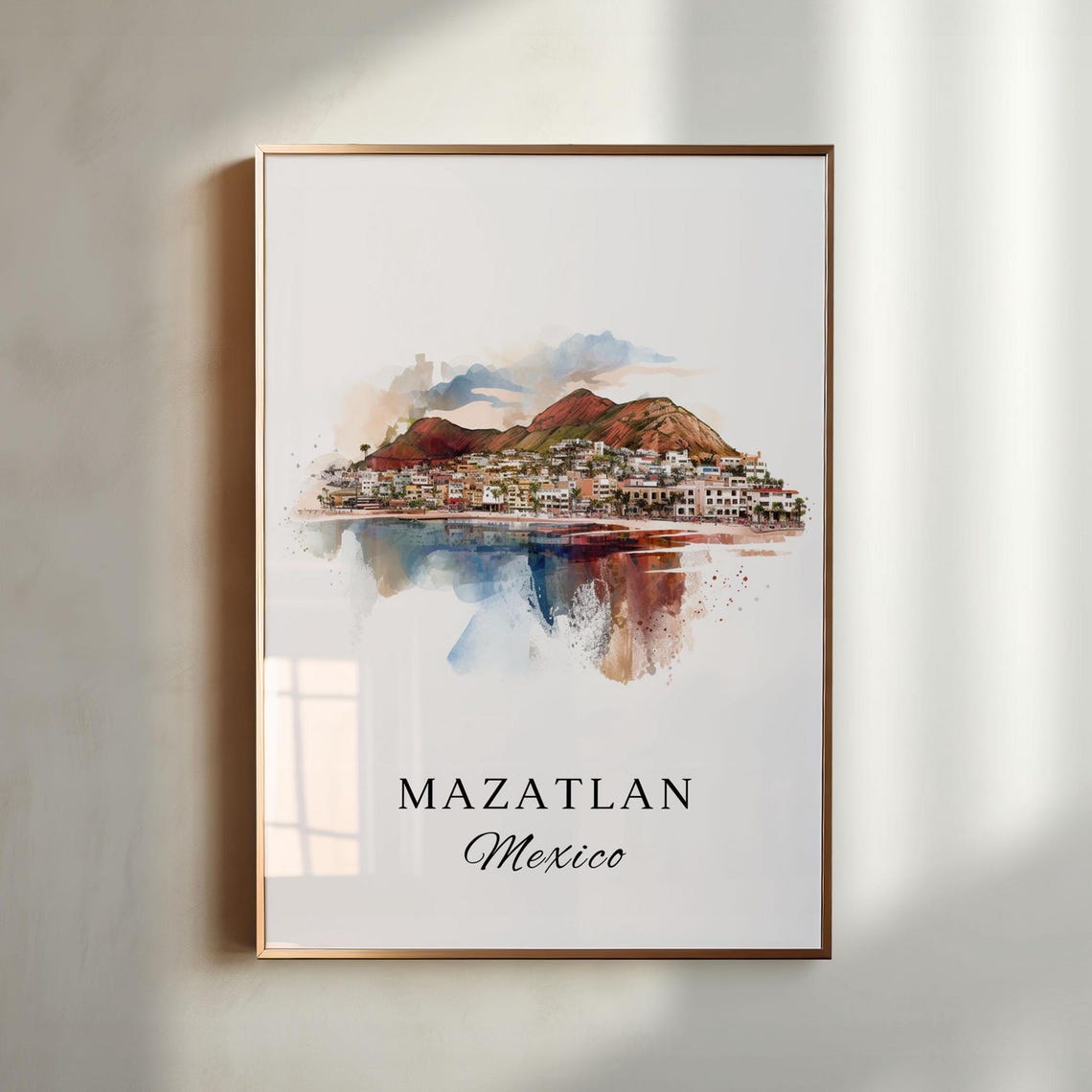 Mazatlan Mexico Watercolor Coastal Town Hillside Scene Poster