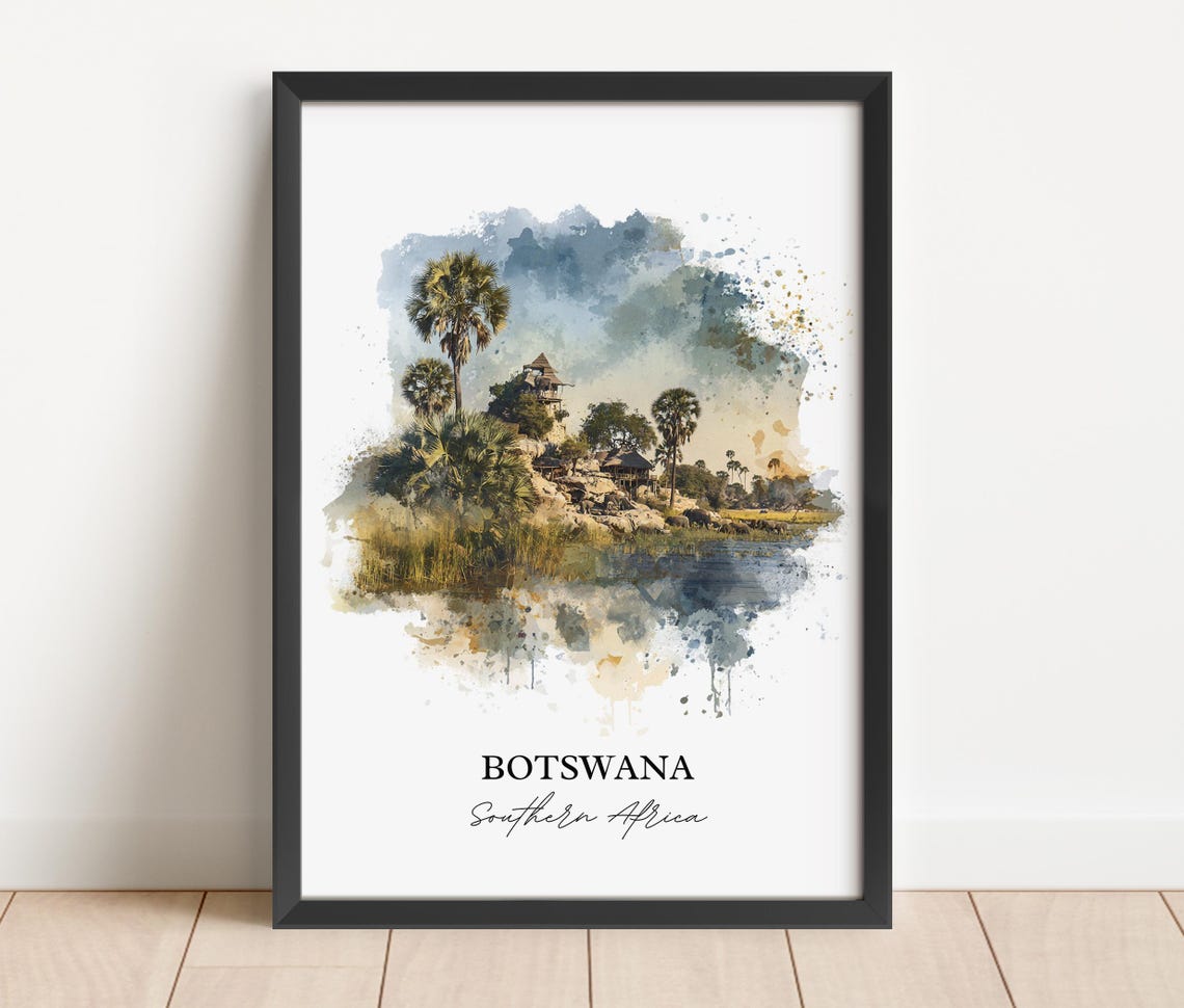 Botswana Southern Africa Riverside Lodge Watercolor Travel Poster - Image 4