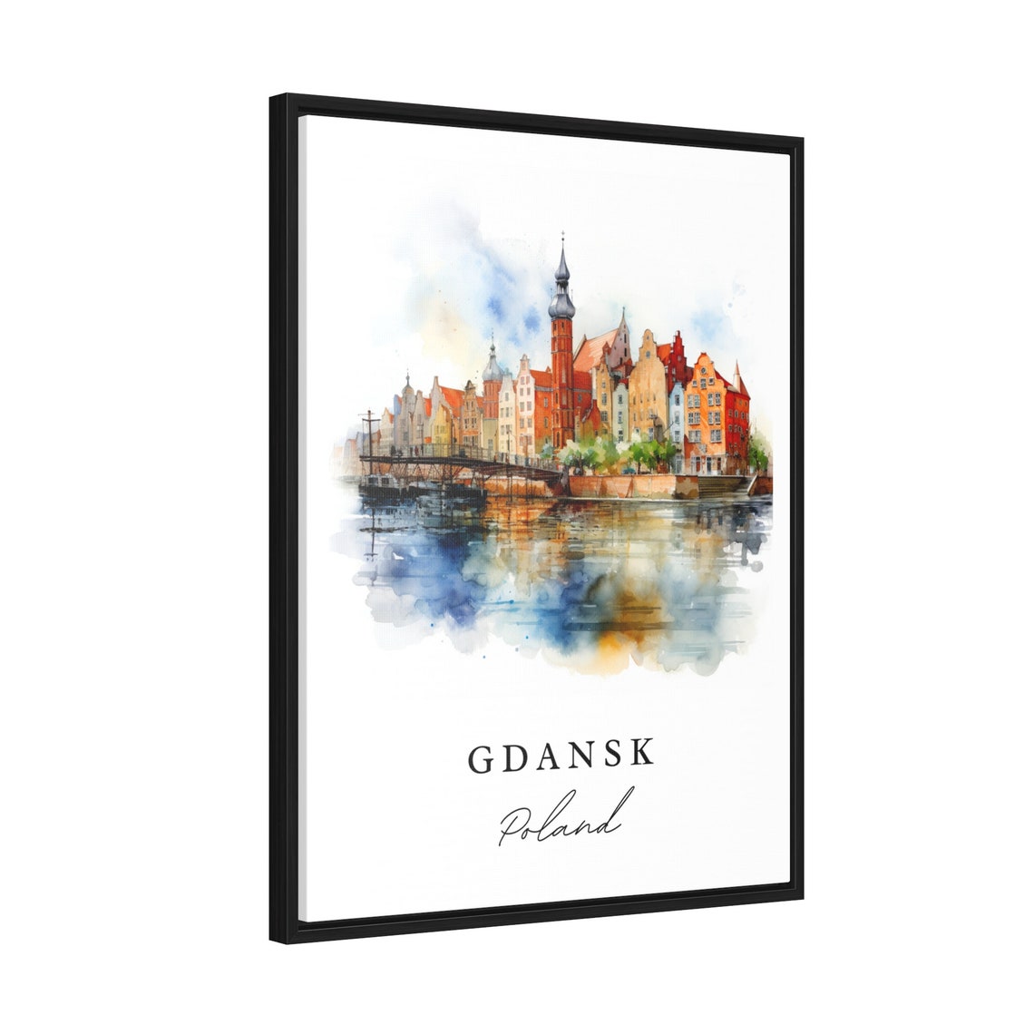 Gdansk Poland Waterfront Old Town Watercolor River Reflection Poster - Image 2