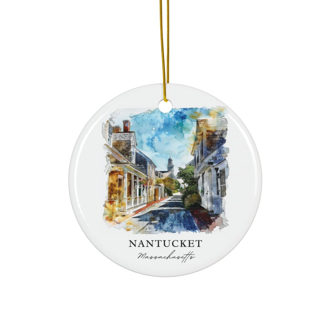 Nantucket Massachusetts Watercolor Cobblestone Street Steeple Poster