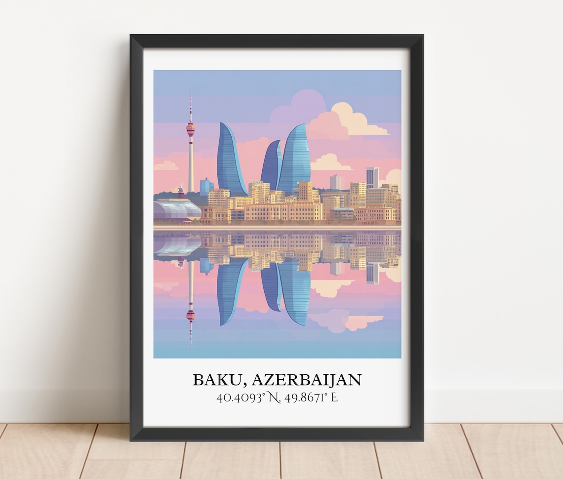 Baku Azerbaijan Flame Towers Waterfront Reflection Retro Travel Poster - Image 5