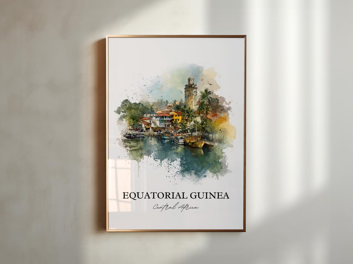 Equatorial Guinea Central Africa Harbor Watercolor Travel Poster - Image 5