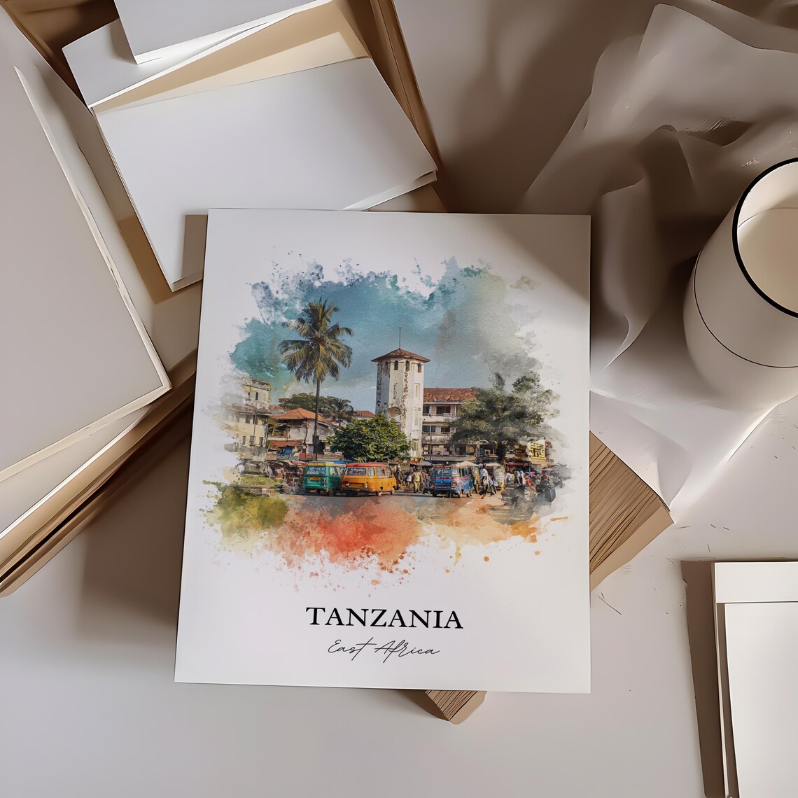 Tanzania East Africa Town Square Busy Watercolor Travel Poster - Image 2