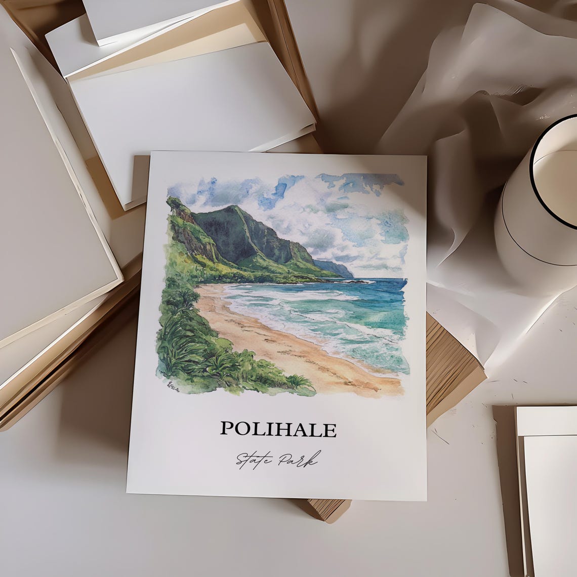 Polihale State Park Kauai Beach Green Cliffs Watercolor Travel Poster - Image 3