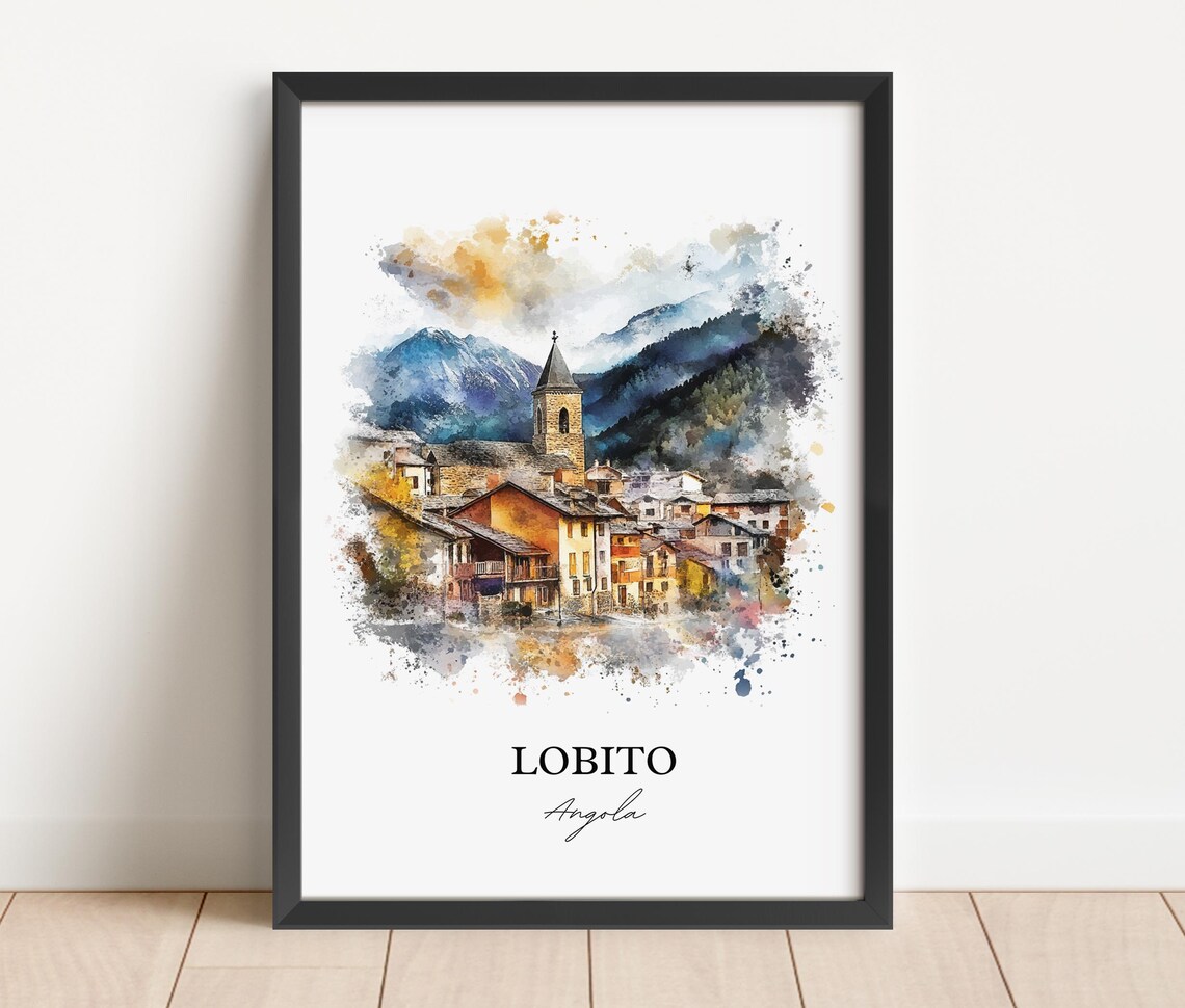 Lobito Angola Mountain Village Church Watercolor Travel Poster - Image 3