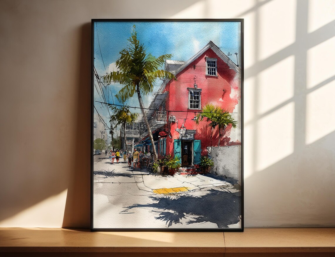 Tropical Street Scene Watercolor Poster Palm Trees Colorful Houses Sunshine