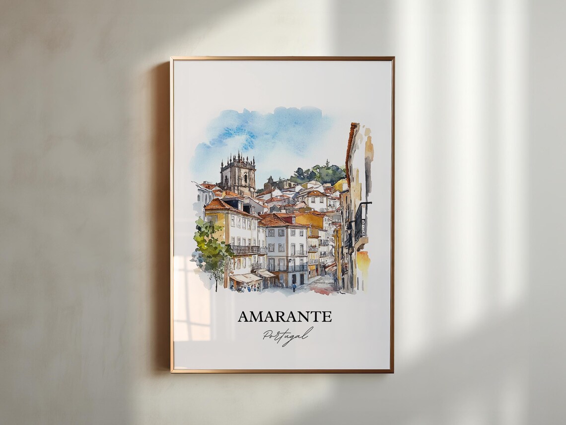 Amarante Portugal Watercolor Hillside Old Town Church Tower Poster - Image 5