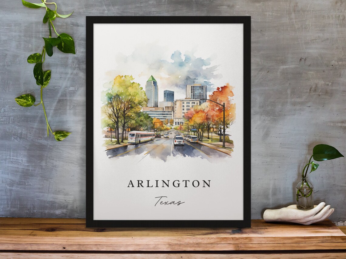 Arlington Texas Watercolor Downtown Street Autumn Travel Poster