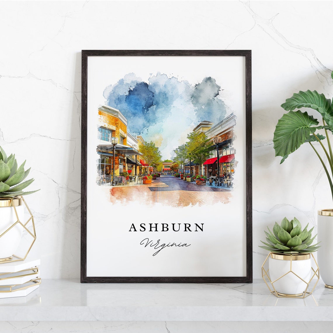 Ashburn Virginia Watercolor Pedestrian Shopping Street Scene Poster - Image 3