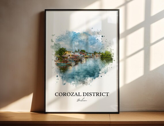 Corozal District Belize Harbor Boats Watercolor Travel Poster