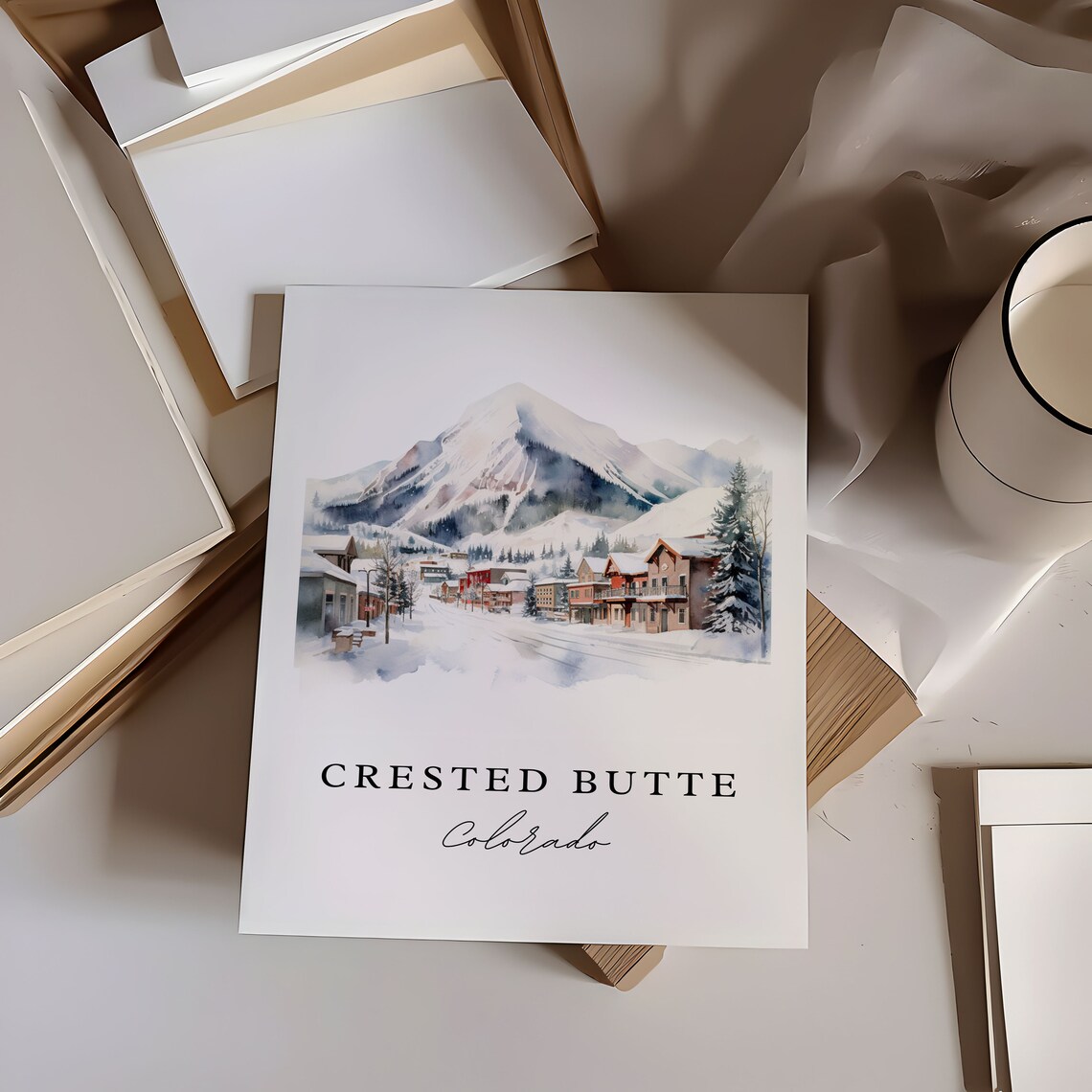 Crested Butte Colorado Snowy Mountain Town Watercolor Travel Poster - Image 6