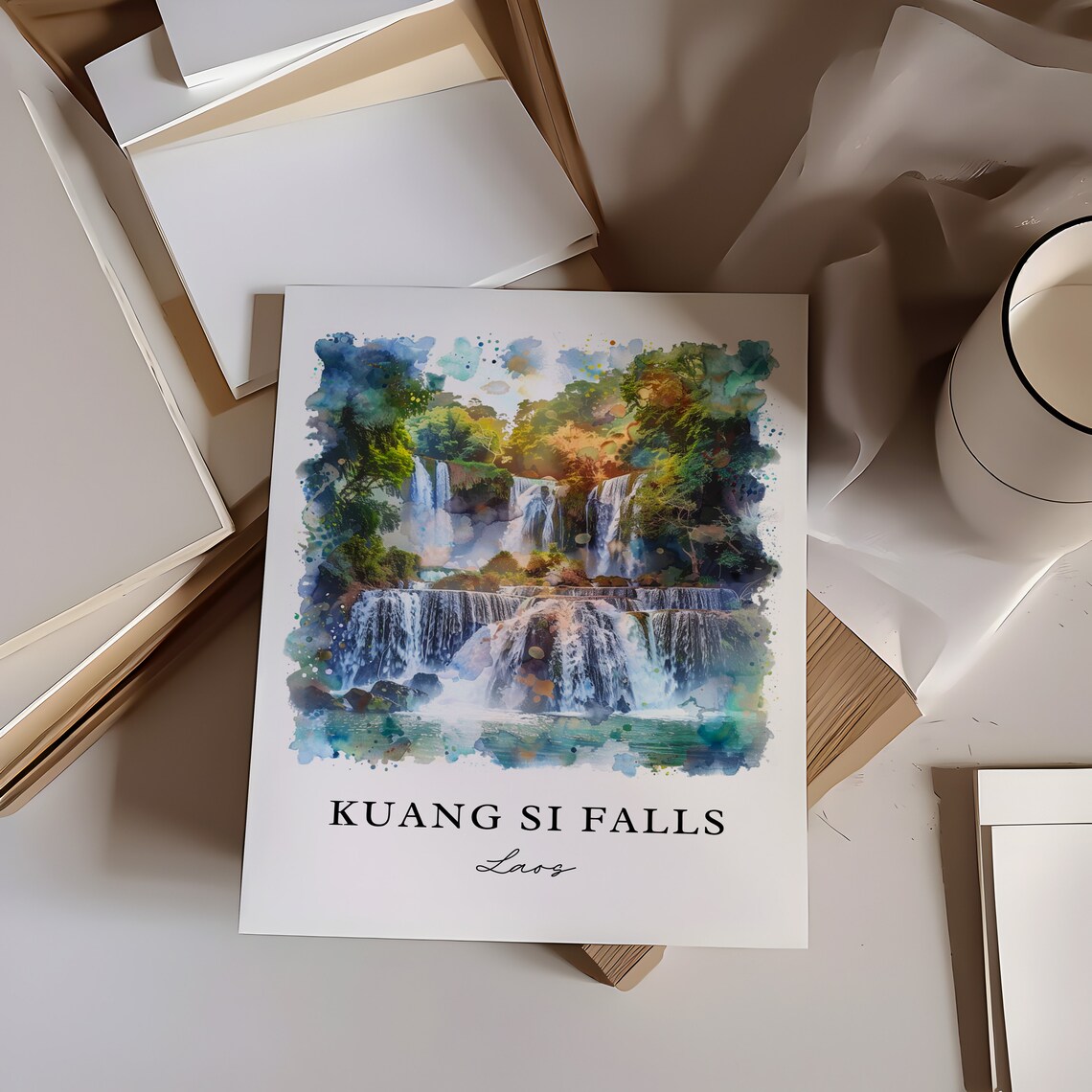 Kuang Si Falls Laos Jungle Waterfalls Watercolor Nature Travel Poster - Image 6