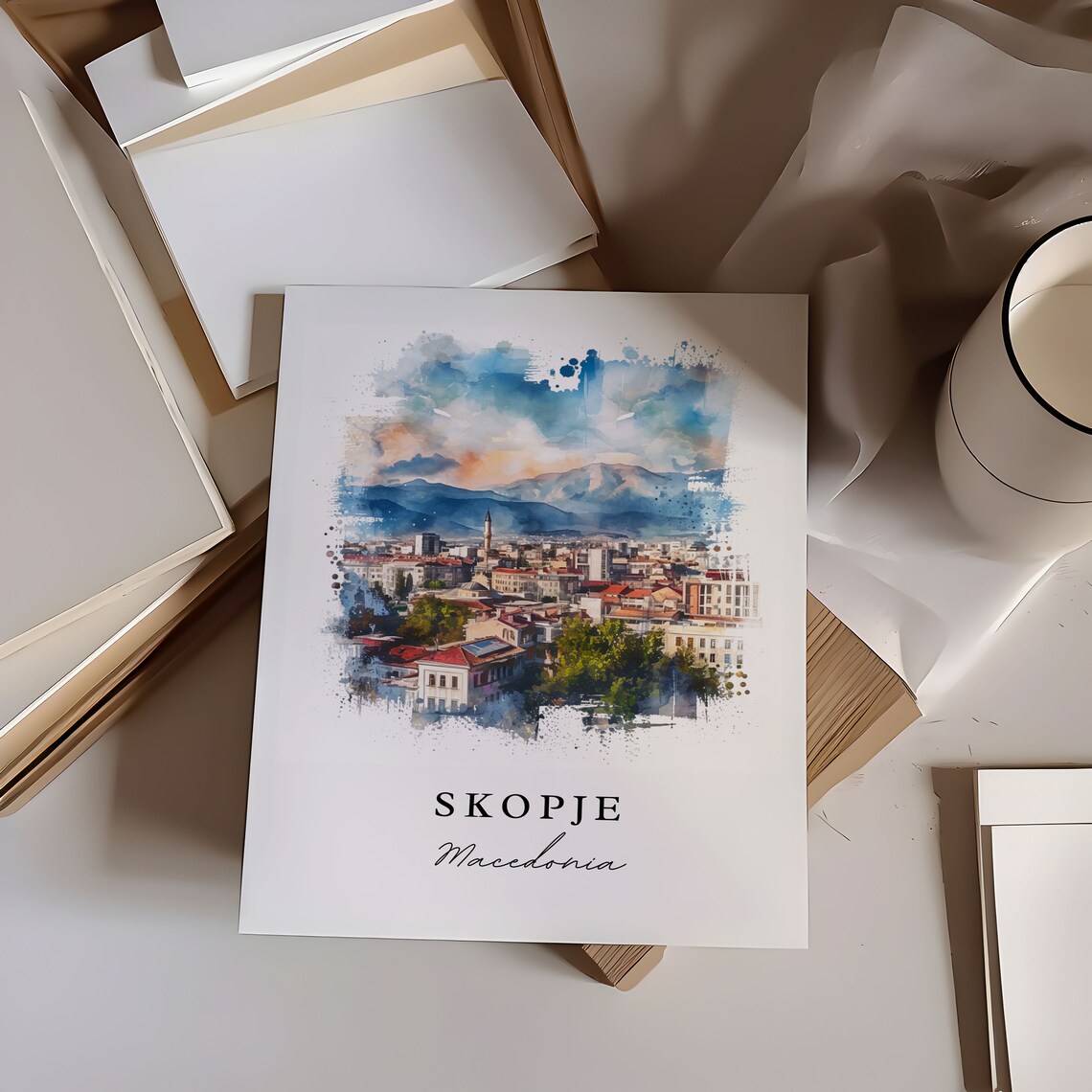 Skopje Macedonia City Skyline Mountain Watercolor Travel Poster - Image 6