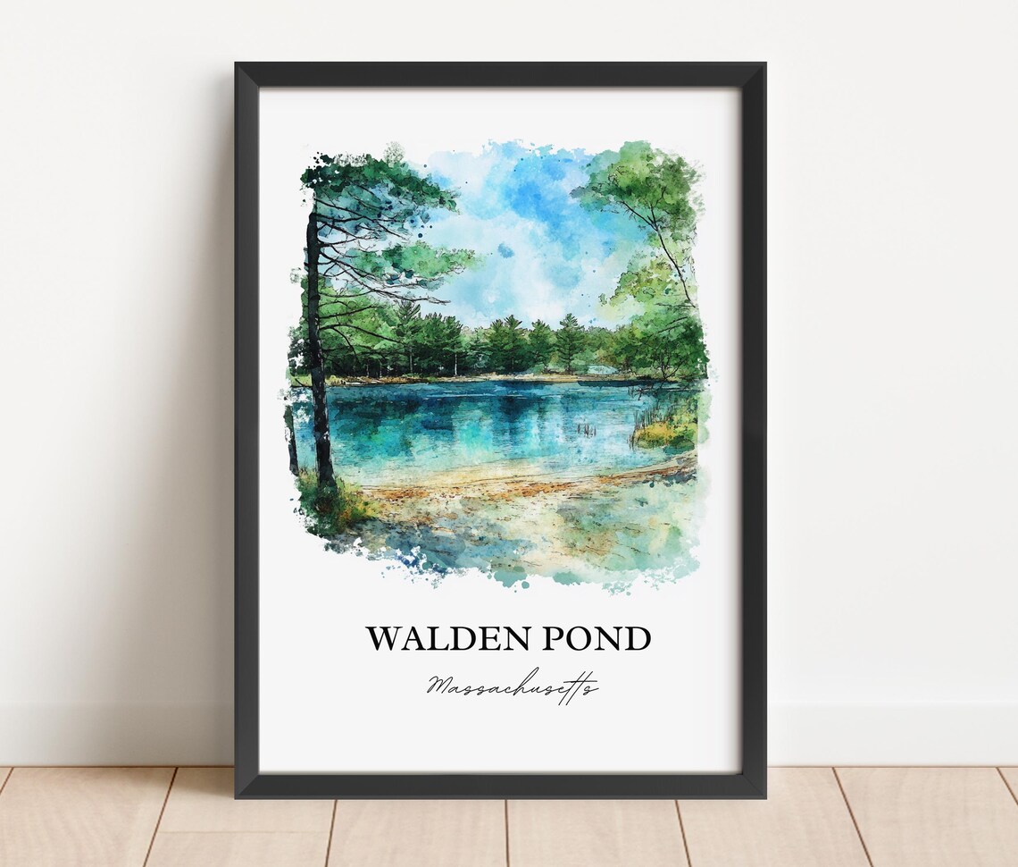 Walden Pond Massachusetts Tranquil Lake Pines Watercolor Poster - Image 6