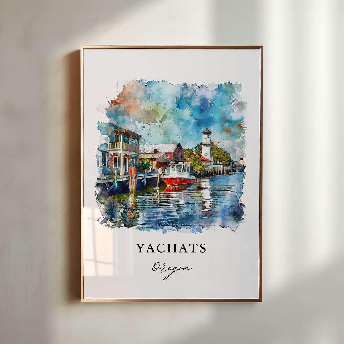 Yachats Oregon Scenic Coastal Harbor Watercolor Travel Poster