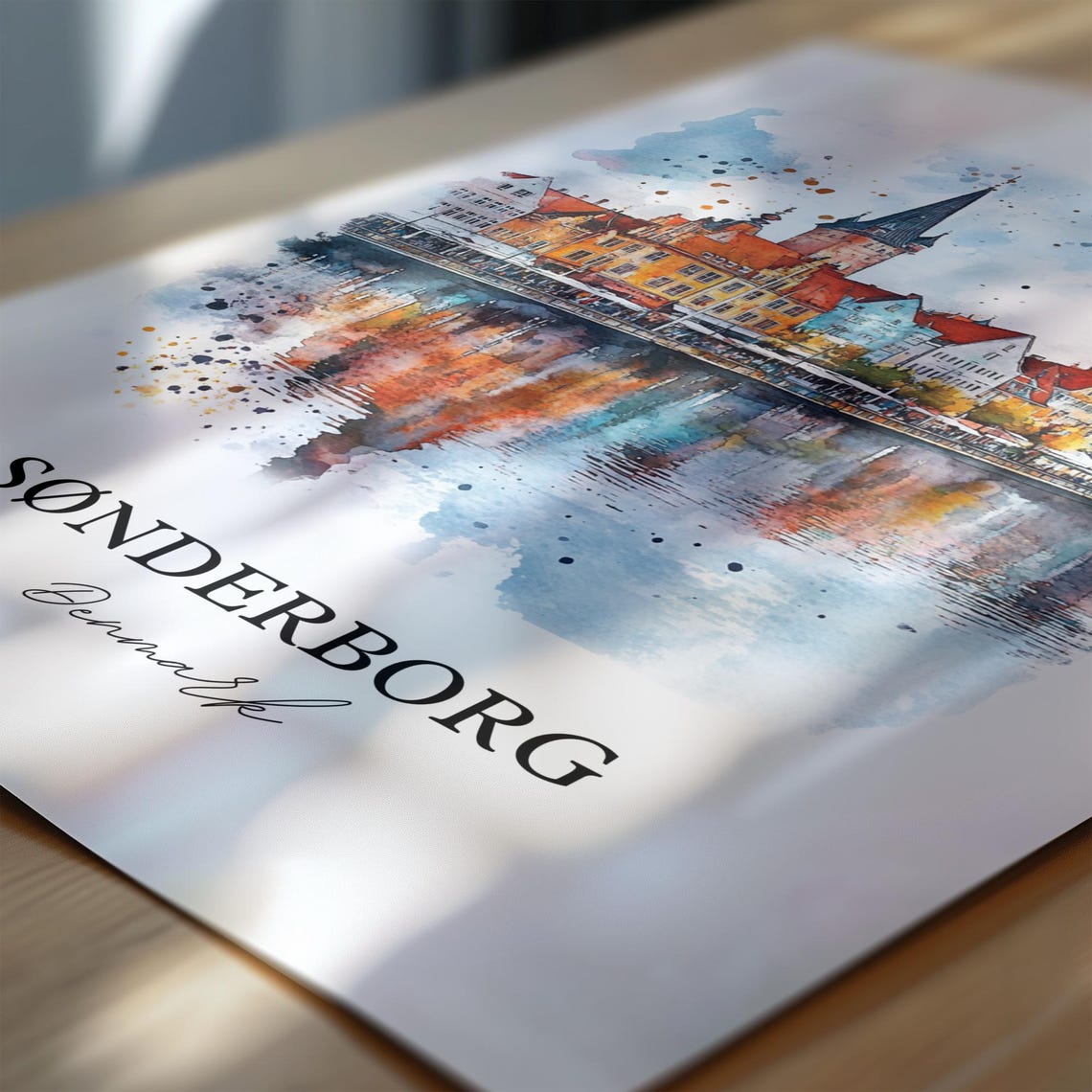 Sonderborg Denmark Harbor Church Spire Reflection Watercolor Poster - Image 6