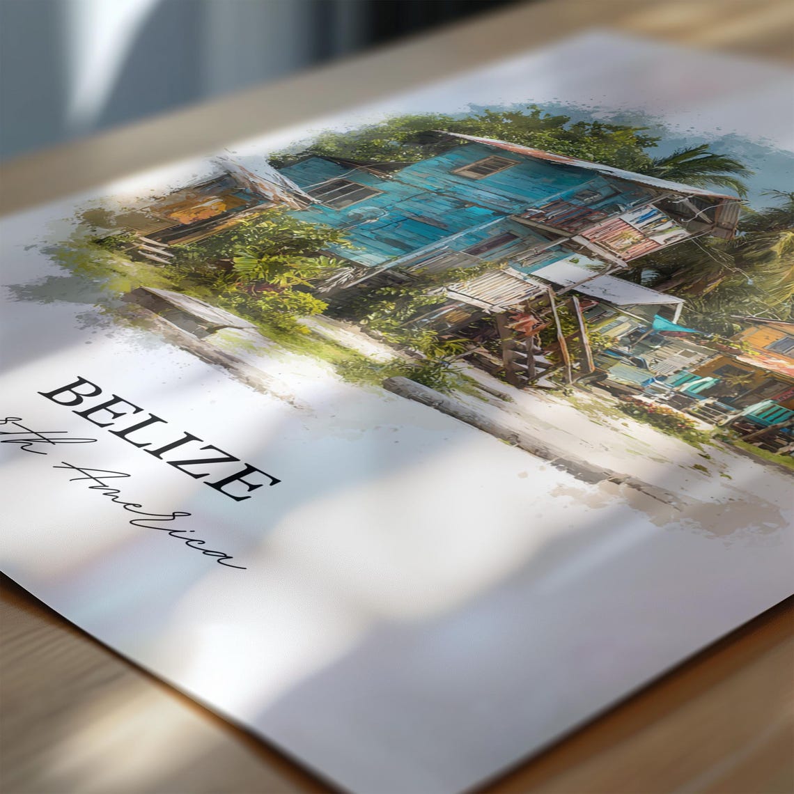 Belize North America Colorful Stilt Houses Palms Watercolor Poster - Image 6