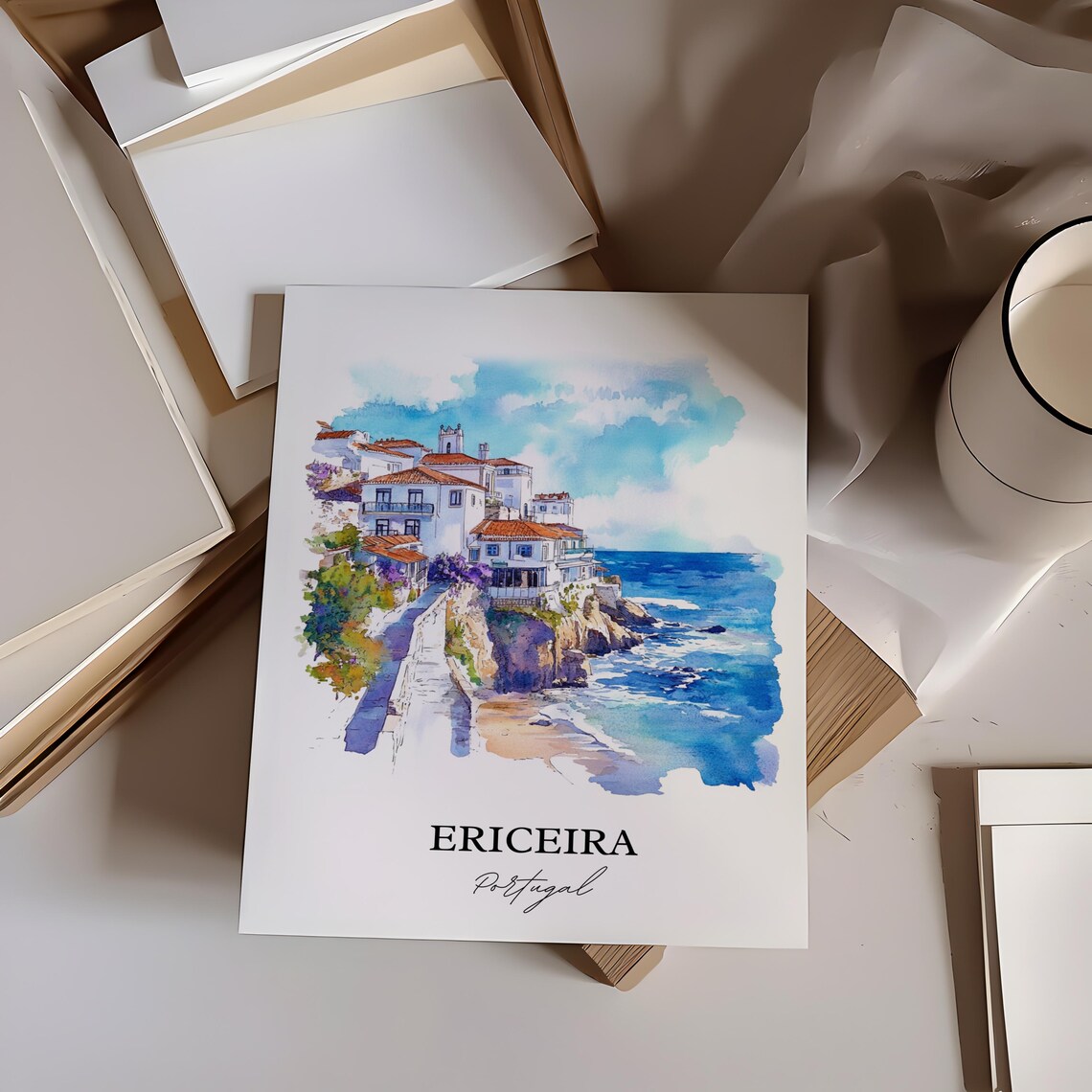 Ericeira Portugal Watercolor Clifftop Fishing Village Seaside Poster - Image 2
