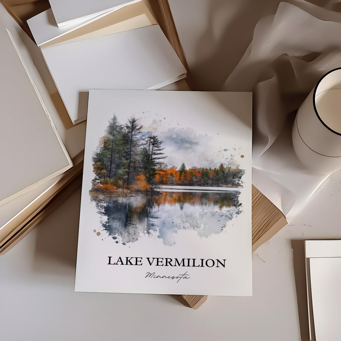 Lake Vermilion Minnesota Misty Autumn Pine Reflection Poster - Image 3