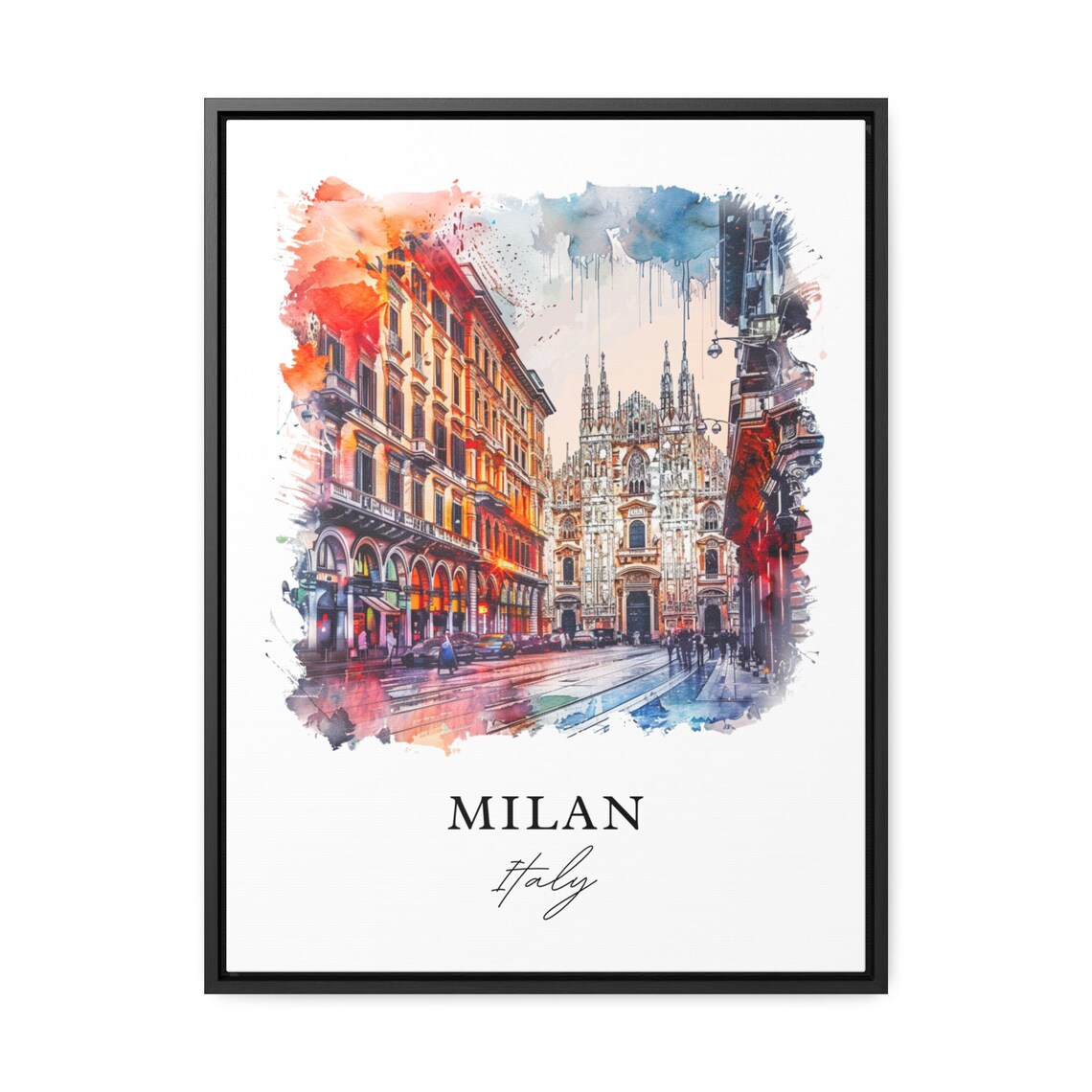 Milan Italy Duomo Cathedral Street Scene Watercolor Travel Poster - Image 3