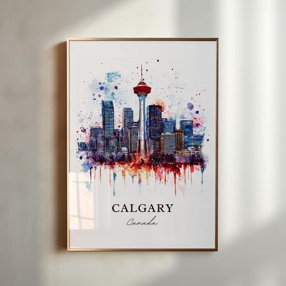 Calgary Watercolor Skyline Travel Poster Print