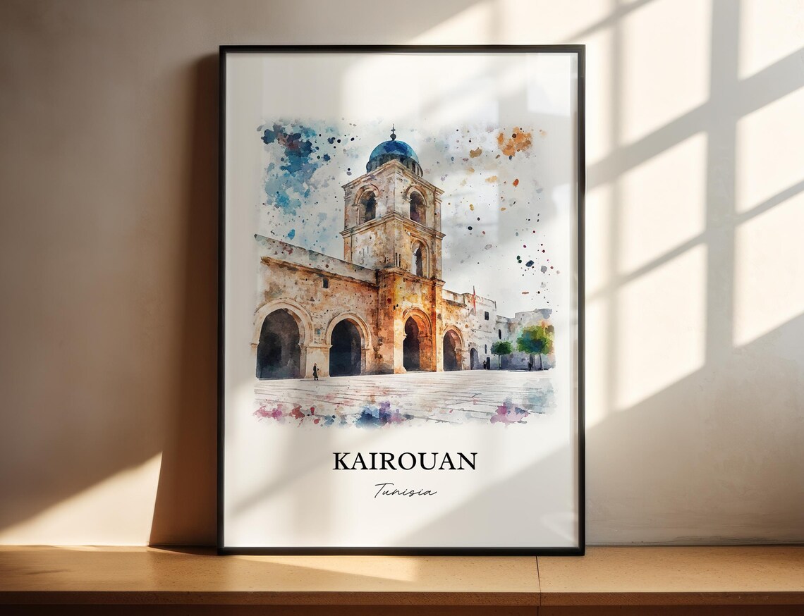 Kairouan Tunisia Historic Grand Mosque Watercolor Travel Poster