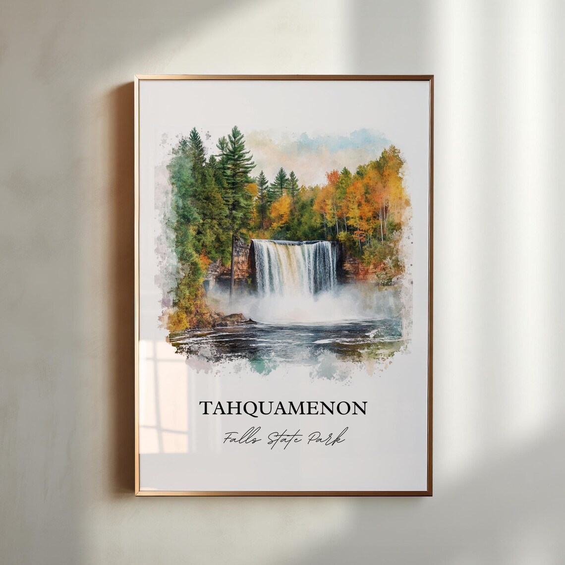 Tahquamenon Falls Watercolor Autumn Waterfall Scene Art Poster